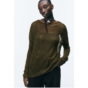 ZARA Distressed Knit Sweater Women’s Sze L Olive GreenLoose Open Weave Wool Boho